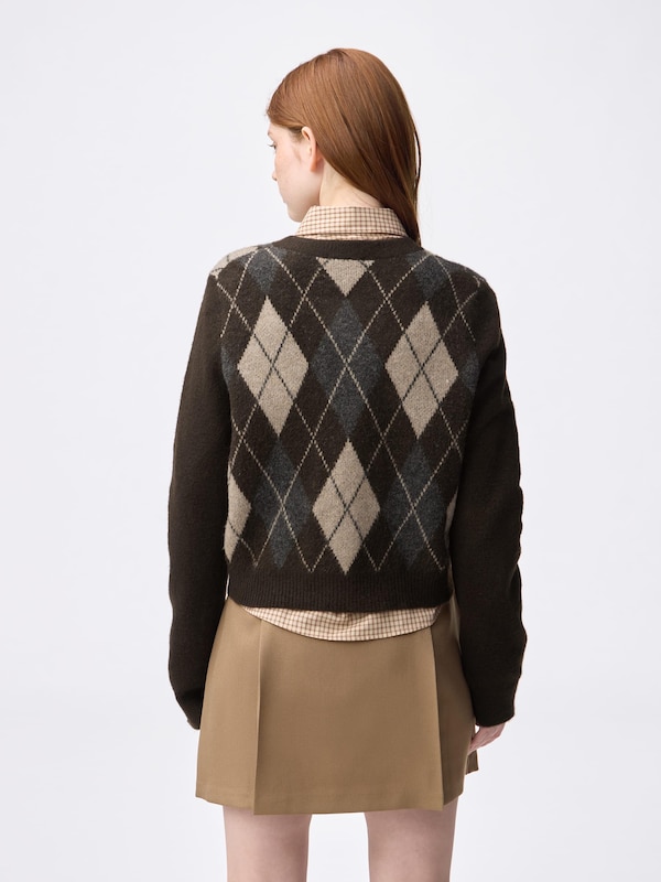 Puff Knit Argyle Crew Neck Cardigan
