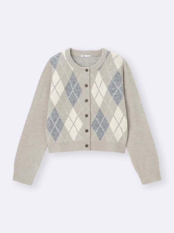 Puff Knit Argyle Crew Neck Cardigan