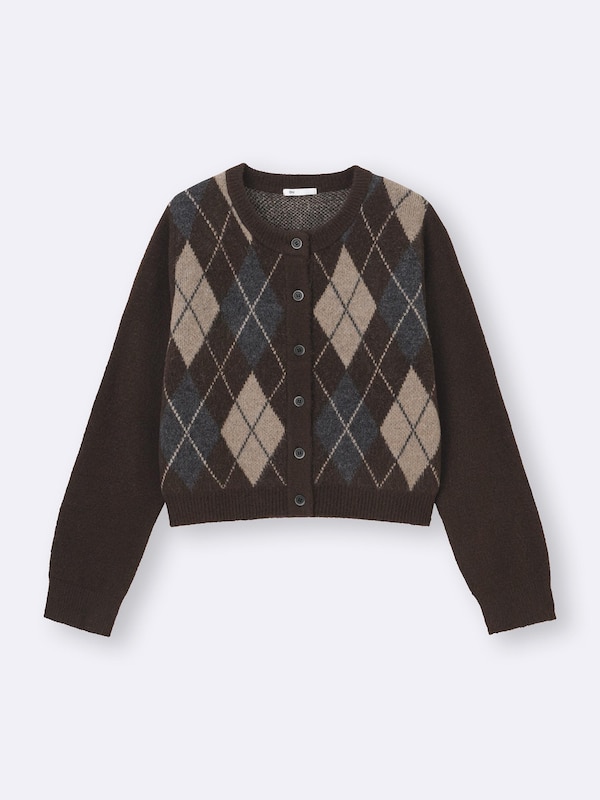 Puff Knit Argyle Crew Neck Cardigan