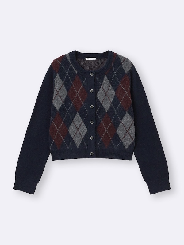 Puff Knit Argyle Crew Neck Cardigan