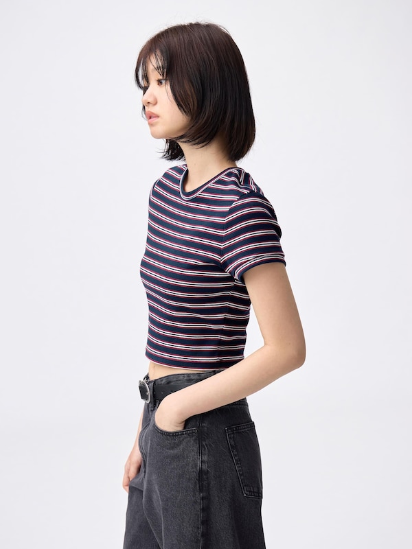 Ribbed Multi-Striped Cropped T-Shirt