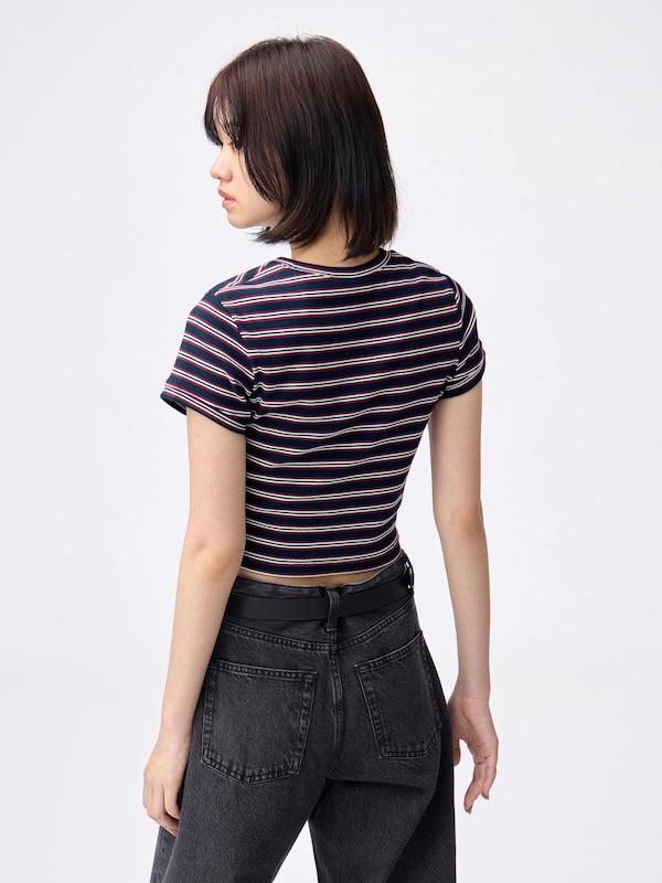 Ribbed Multi-Striped Cropped T-Shirt