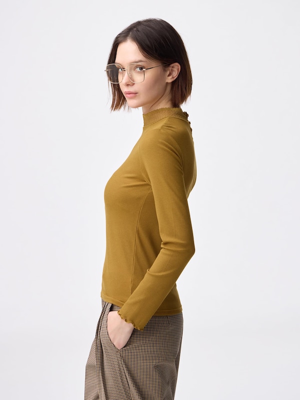 Warm Ribbed Lace High Neck T-Shirt | Long