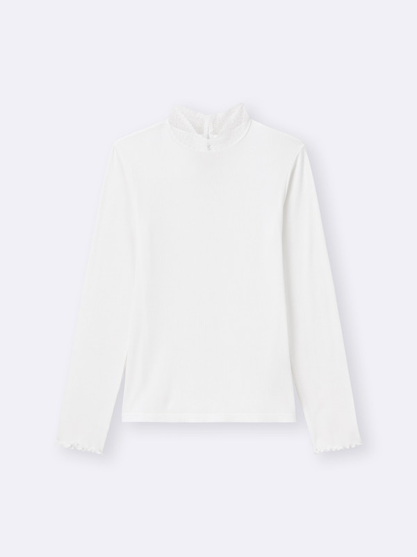 Warm Ribbed Lace High Neck T-Shirt | Long