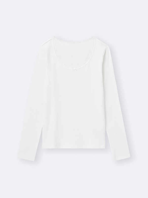 Warm Ribbed Lace U Neck T-Shirt | Long