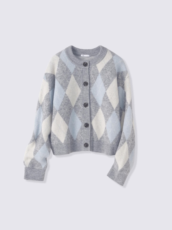 Puffy Touch Knit Argyle Crew Neck Cardigan | CL