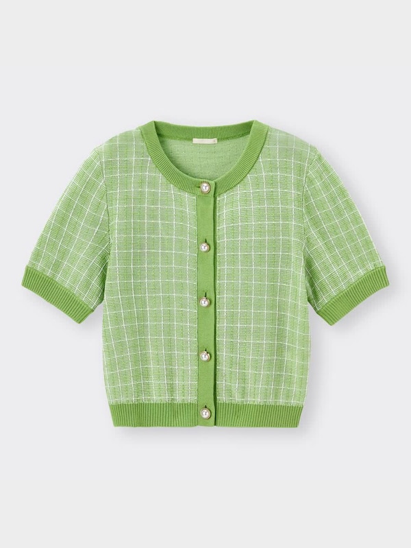 バイカラーカーディガン(半袖)(チェック)YG+E