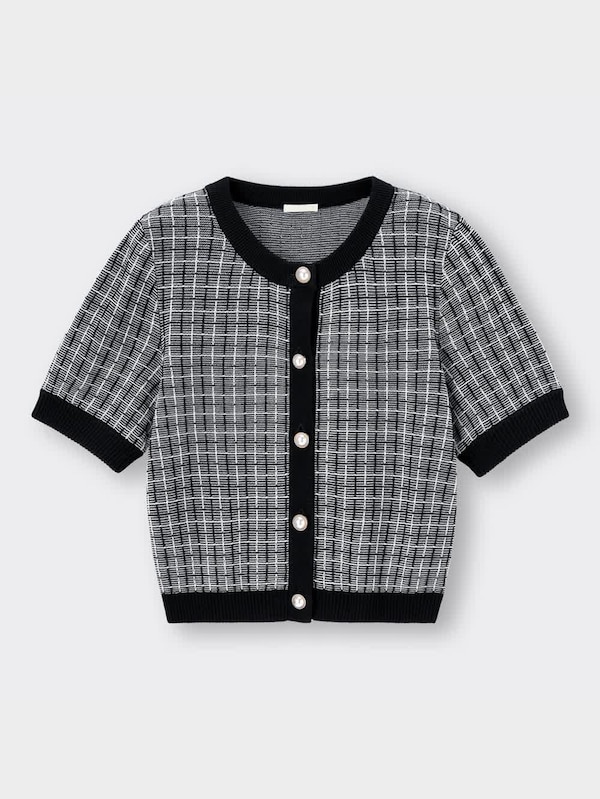 バイカラーカーディガン(半袖)(チェック)YG+E
