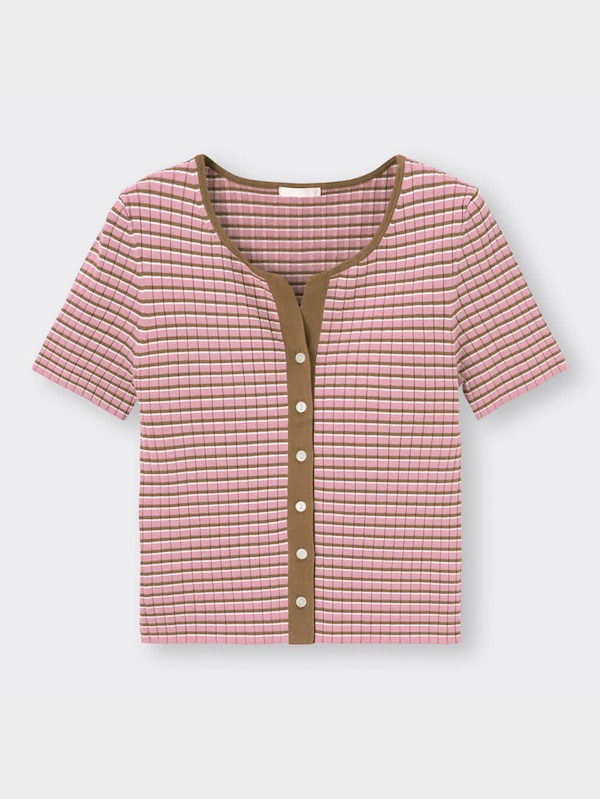 リブコンパクトカーディガン(半袖)(マルチボーダー)