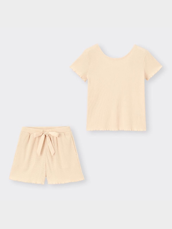 ウエストリボンリブラウンジセット(半袖&ショートパンツ)