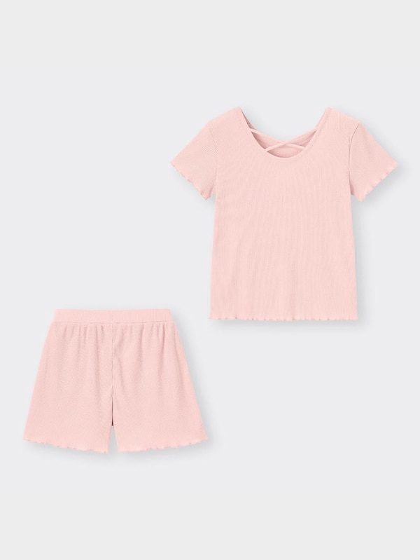 ウエストリボンリブラウンジセット(半袖&ショートパンツ)