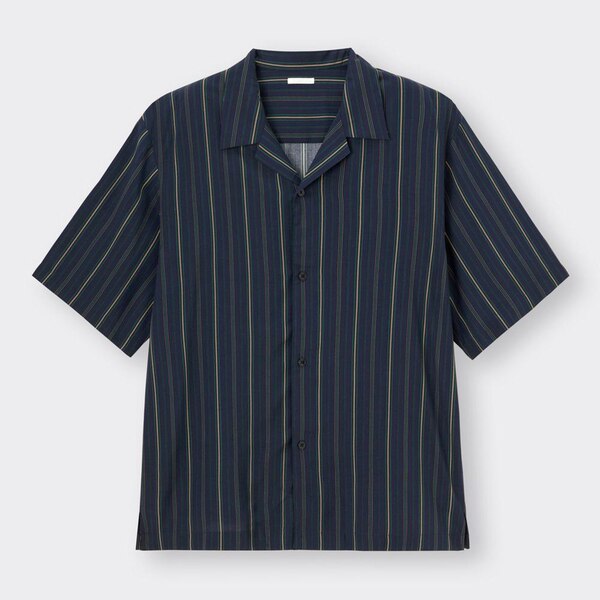 オープンカラーシャツ(5分袖)(ストライプ)-NAVY