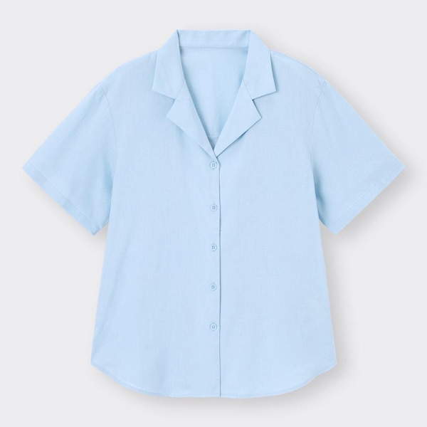 リネンブレンドオープンカラーシャツ(半袖)-LIGHT BLUE