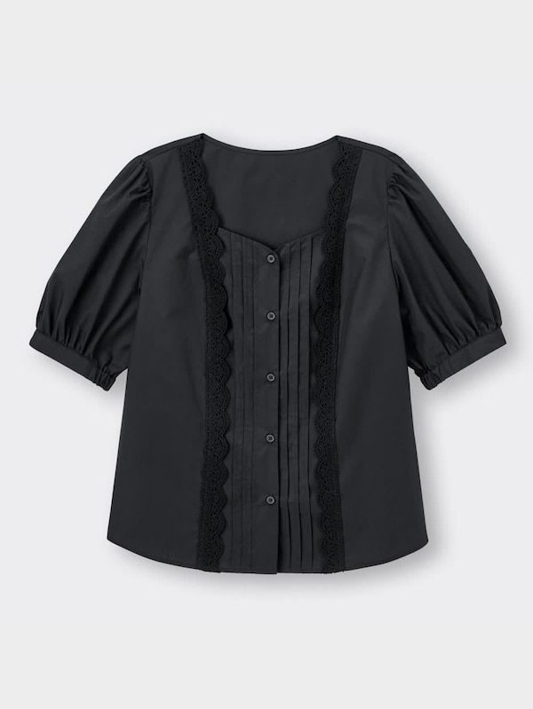 レースコンビネーションボリュームスリーブブラウス(5分袖)Q