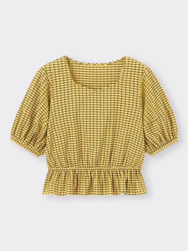 チェックボリュームスリーブブラウス(5分袖)NTQ+E