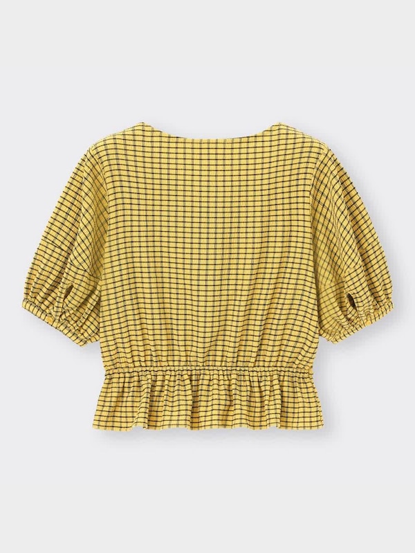 チェックボリュームスリーブブラウス(5分袖)NTQ+E