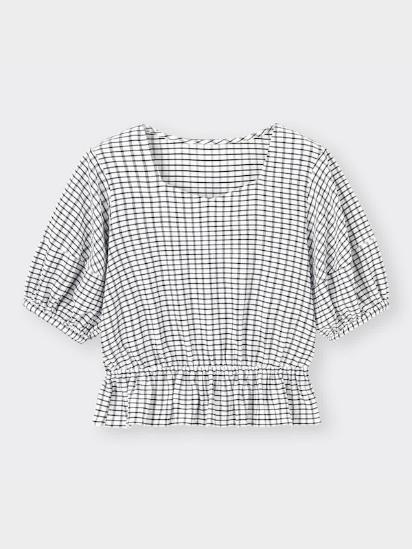 チェックボリュームスリーブブラウス(5分袖)NTQ+E