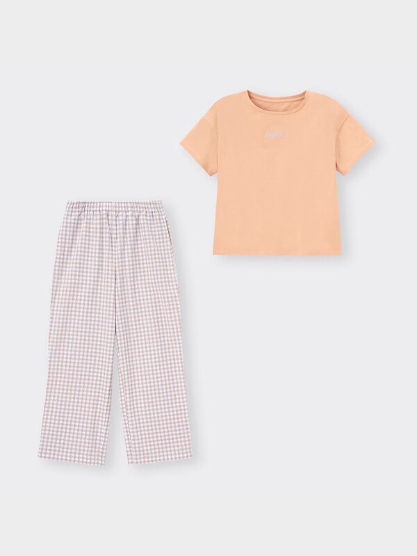 コットンラウンジセット(半袖&ロングパンツ)(ギンガムチェック)+E