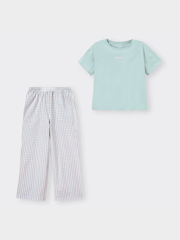 コットンラウンジセット(半袖&ロングパンツ)(ギンガムチェック)+E