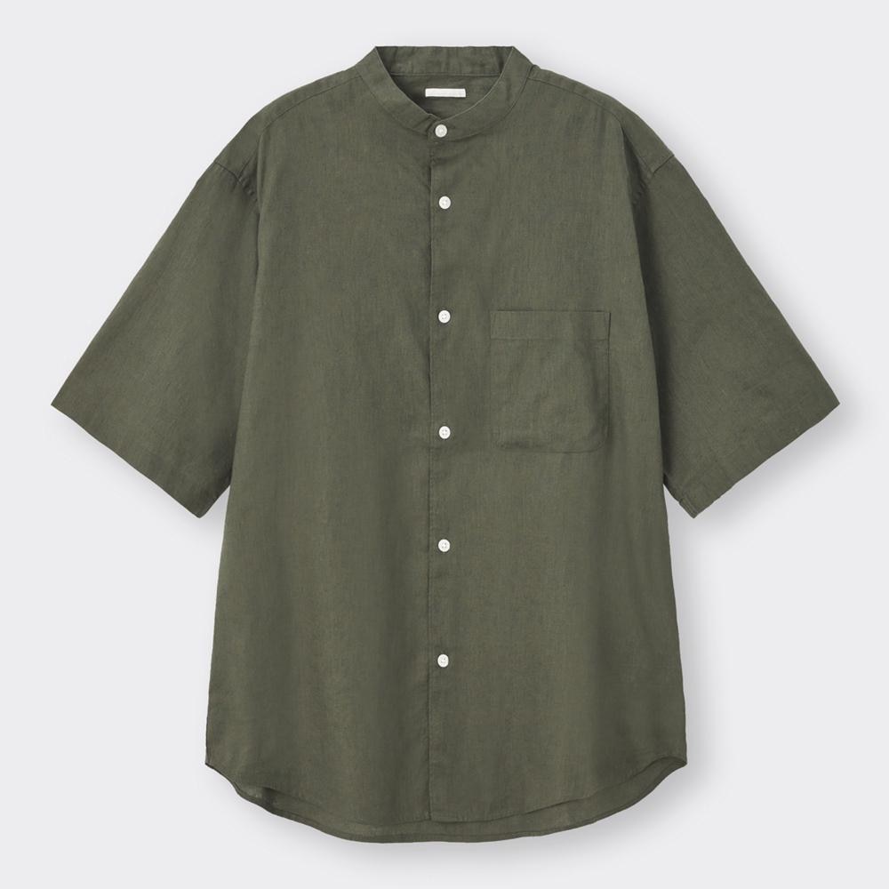 （GU）リネンブレンドリラックスフィットバンドカラーシャツ5分袖OSB+EC