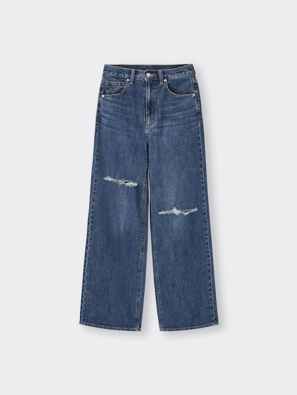 ハイウエストセミワイドジーンズ(クラッシュ)