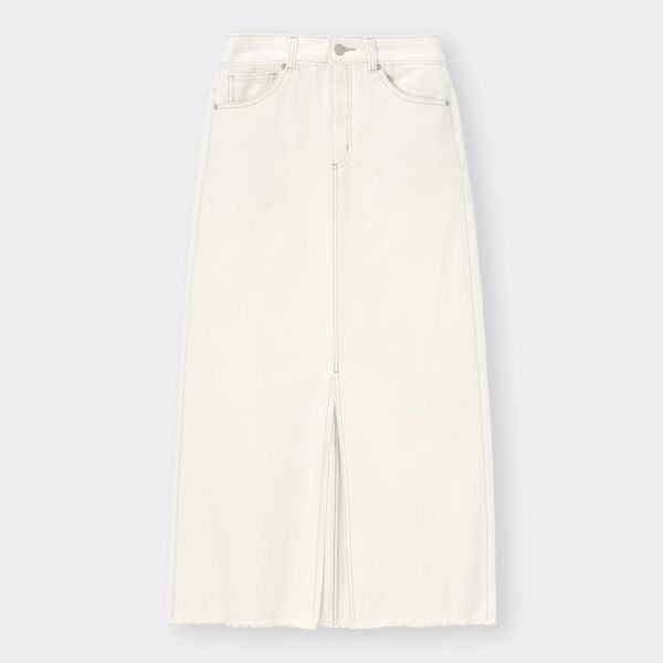 デニムスリットナローロングスカート(丈標準89～96cm)-OFF WHITE