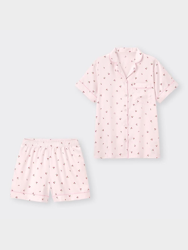 サテンパジャマ(半袖&ショートパンツ)(チェリー)
