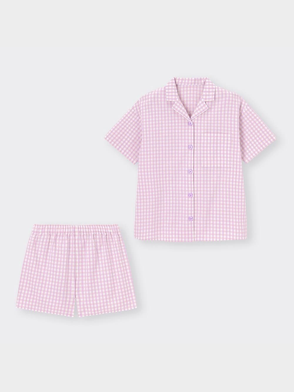 ファッションパジャマ チェック コットン Mサイズ ピンク 可愛い パジャマ キッズ 男女兼用 綿100% 長袖 春 夏 先染めサッカー 前