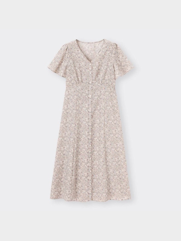 フラワーVネックフレアスリーブワンピ�ース(半袖)