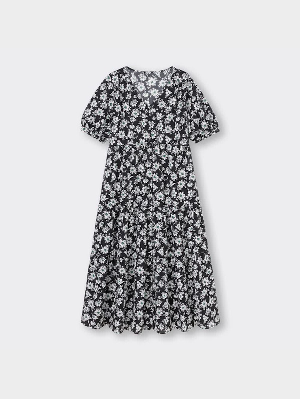 フラワーVネックティアードワンピース(5分袖)