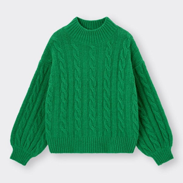 GIRLSパフィータッチケーブルモックネックセーター(長袖)-GREEN