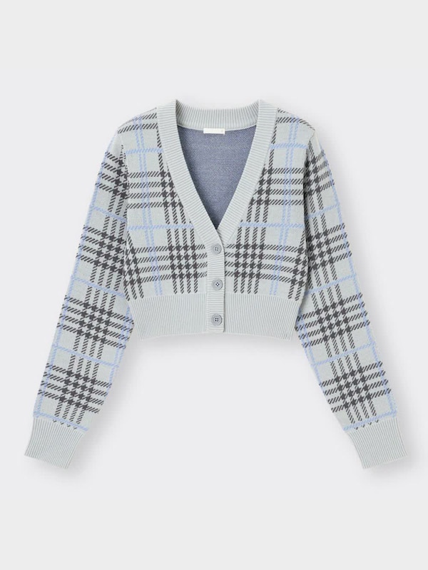 チェックジャカードクロップドカーディガン(長袖)YT+E