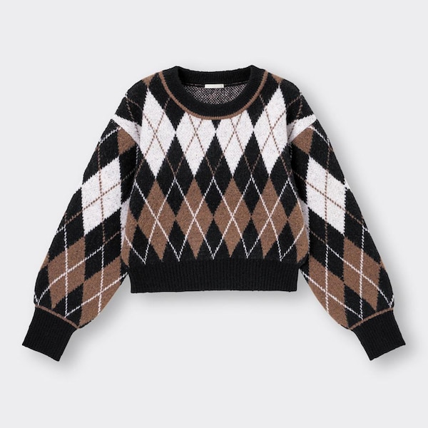 クロップドアーガイルセーター(長袖)YT+E-BLACK