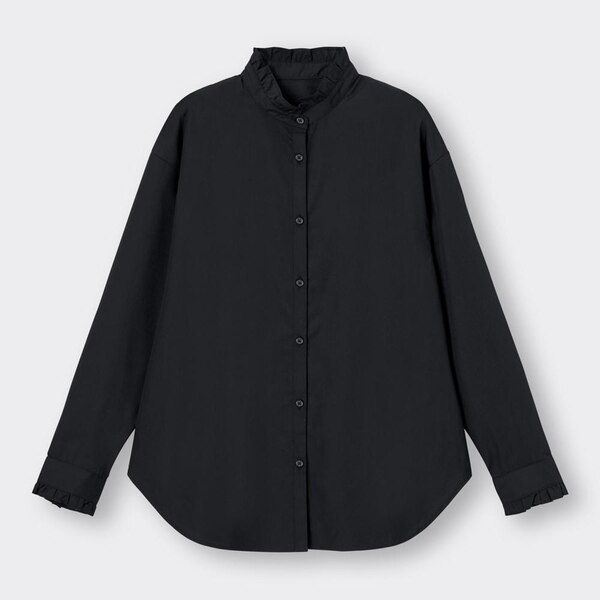 フリルスタンドカラーシャツ(長袖)-BLACK