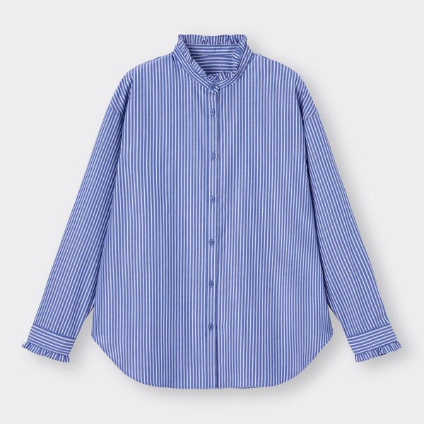 フリルスタンドカラーシャツ(長袖)-BLUE