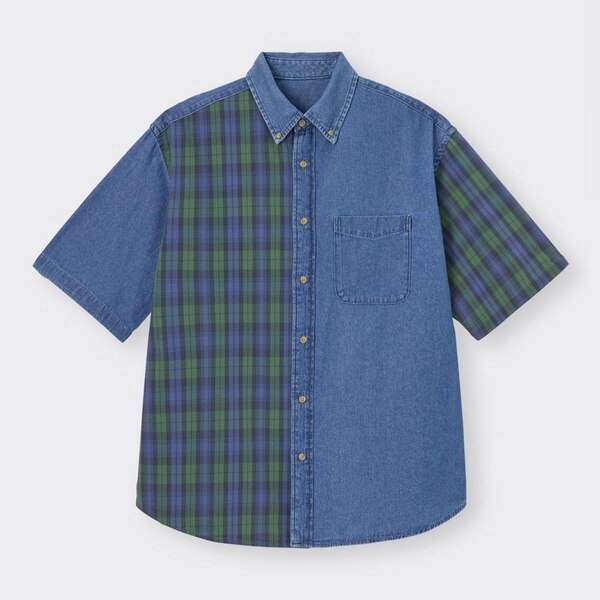 デニムオーバーサイズシャツ(5分袖)(クレイジー)NT+E-BLUE