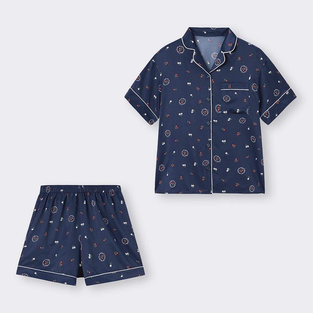 （GU）サテンボクシーパジャマ(半袖&ショートパンツ)(フラワー)+E