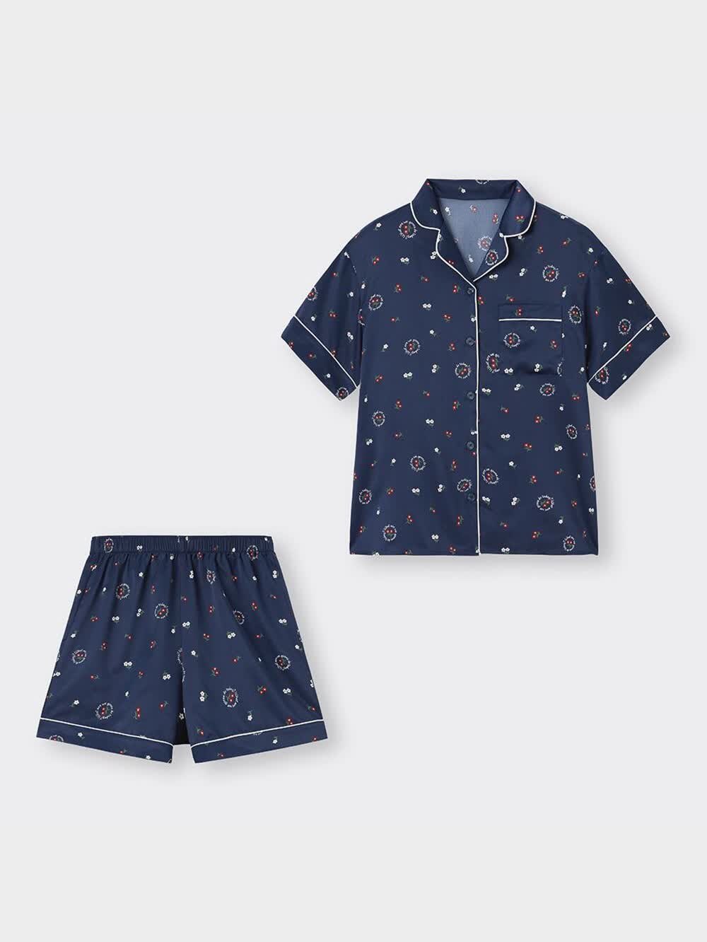 GU公式 | サテンボクシーパジャマ(半袖&ショートパンツ)(フラワー)+E