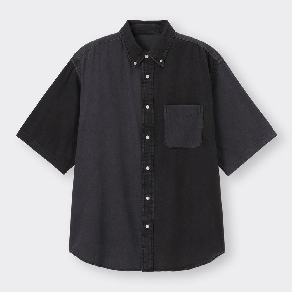 （GU）デニムオーバーサイズシャツ(5分袖)カラーブロックNT+E
