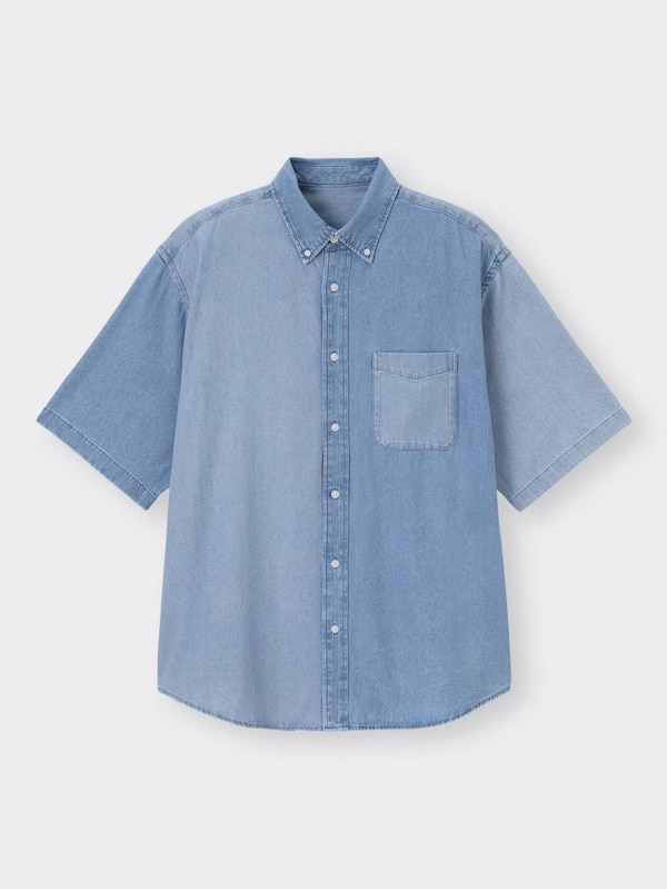 デニムオーバーサイズシャツ(5分袖)カラーブロックNT+E