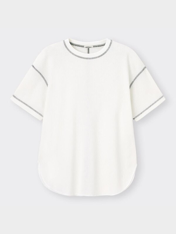 ワッフルバイカラーステッチオーバーサイズT(5分袖)RS+X