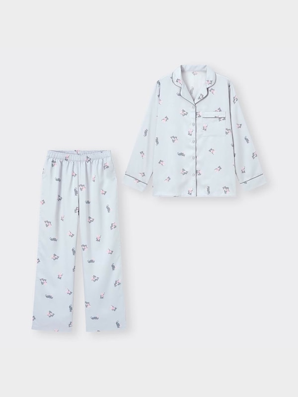 サテンパジャマ(長袖&ロングパンツ)(ネコ)+X