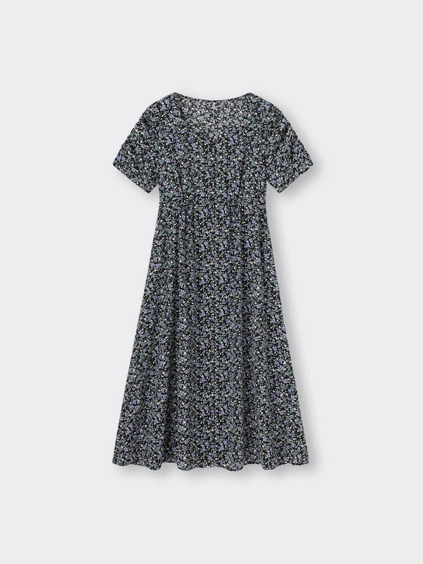 フラワープリントフロントボタンワンピース(5分袖)
