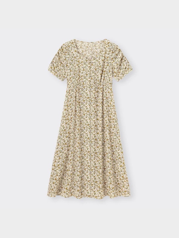 フラワープリントフロントボタンワンピース(5分袖)