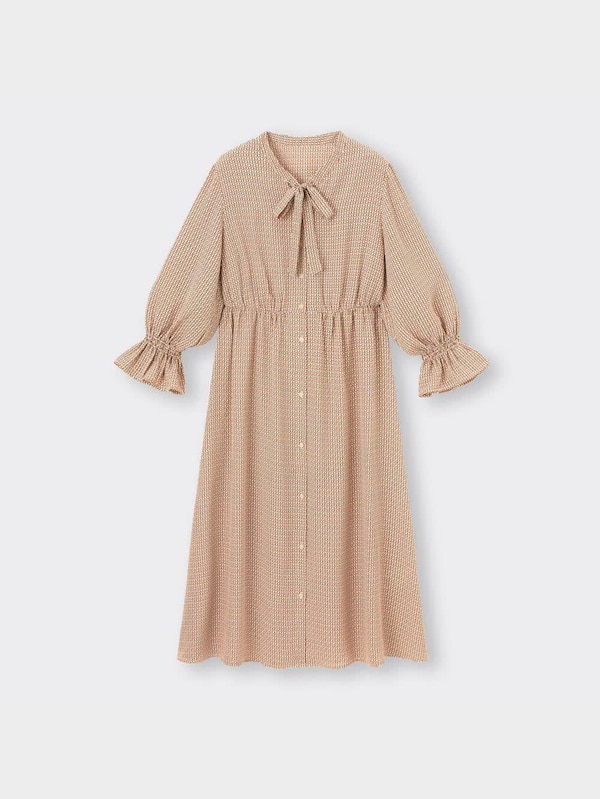 レトロプリントボウタイワンピース(7分袖)