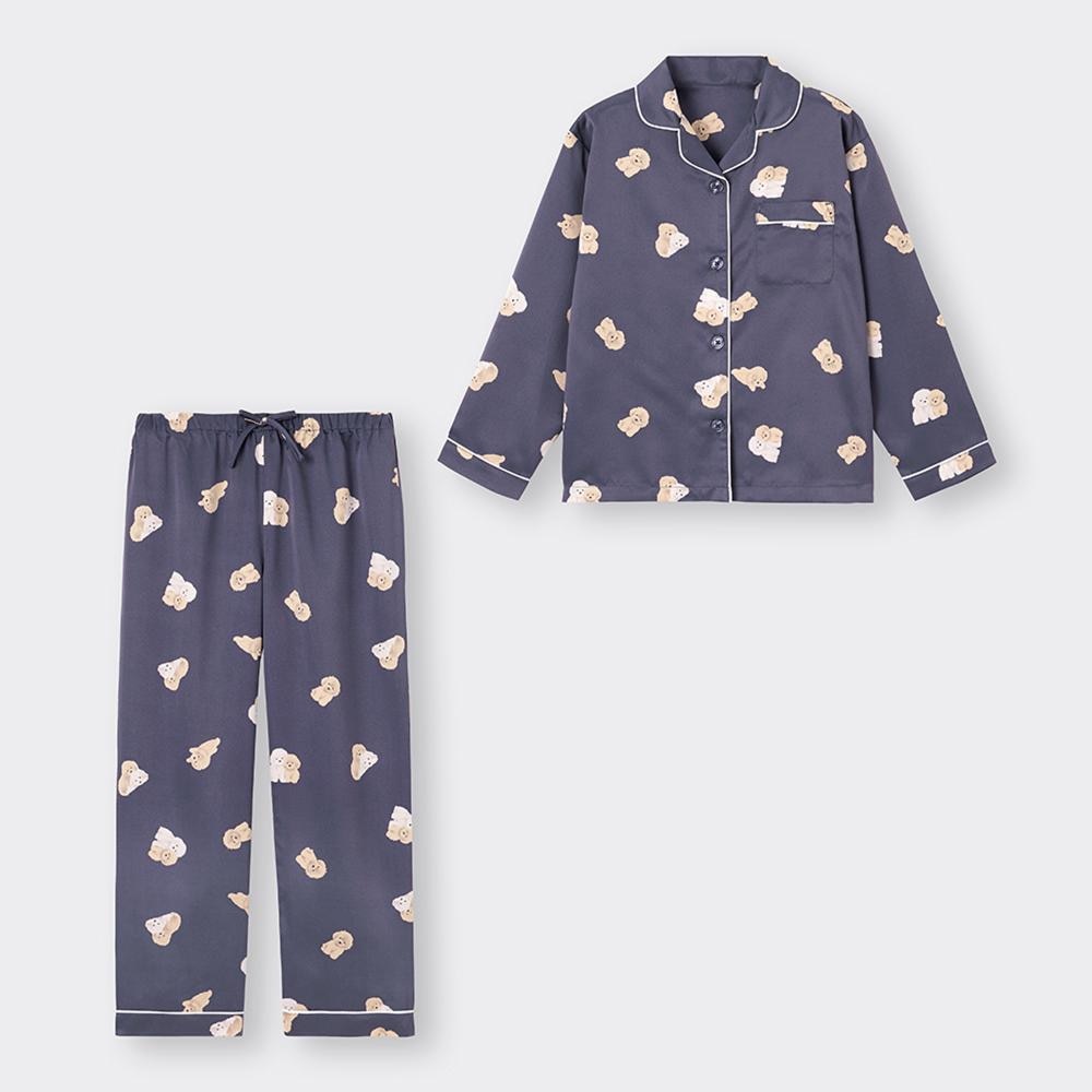 （GU）GIRLSサテンパジャマ(長袖&ロングパンツ)(トイプードル)+X