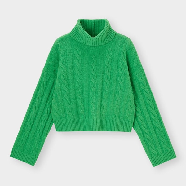 パフィータッチクロップドタートルネックセーター(長袖)-GREEN