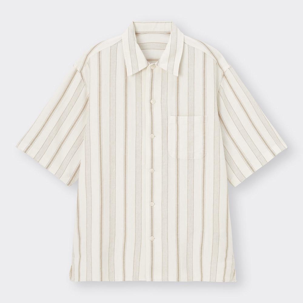 リネンブレンドシャツ(5分袖)(ストライプ)(セットアップ可能)