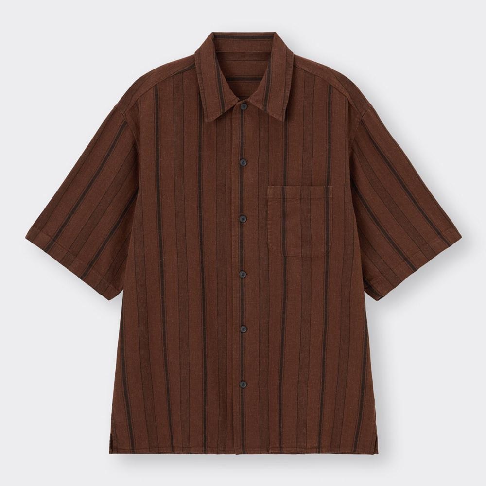 リネンブレンドシャツ(5分袖)(ストライプ)(セットアップ可能)
