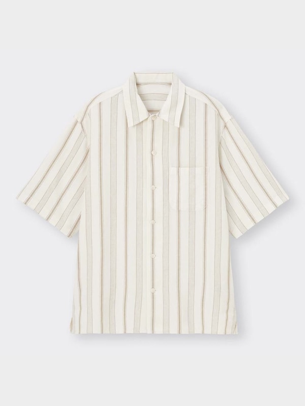 リネンブレンドシャツ(5分袖)(ストライプ)(セットアップ可能)